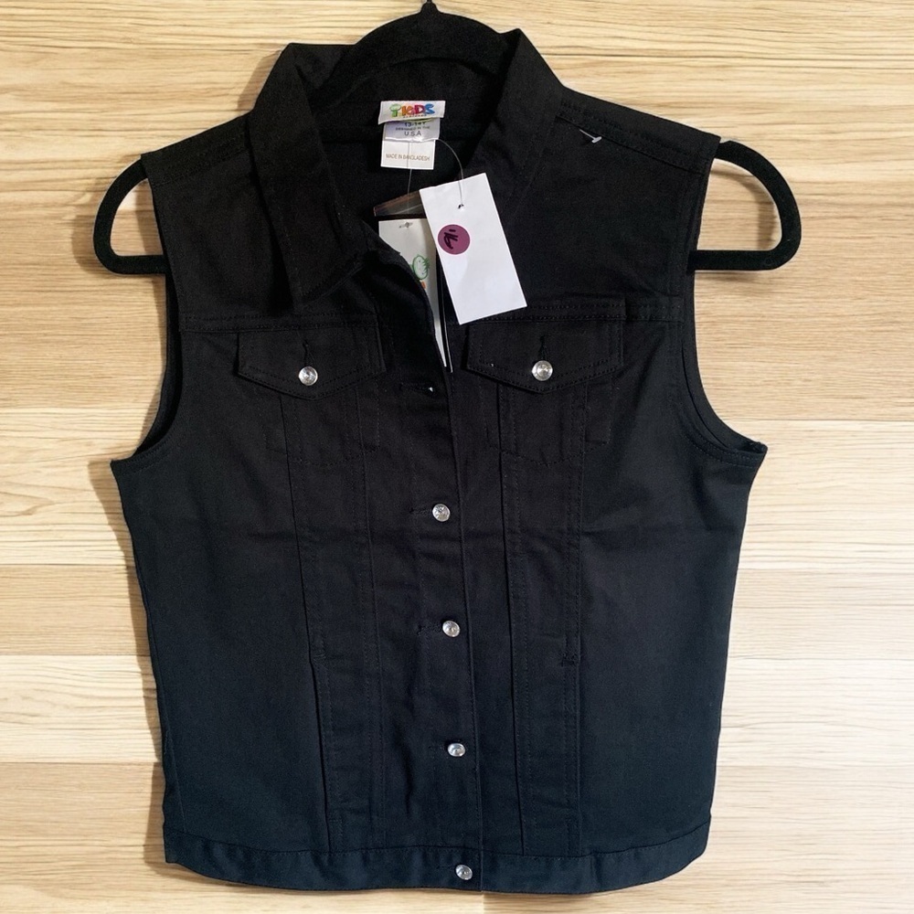 Cropped Denim Vest solid Black Tapered Rhinestone Buttons Grunge Size 13-14Y NWT